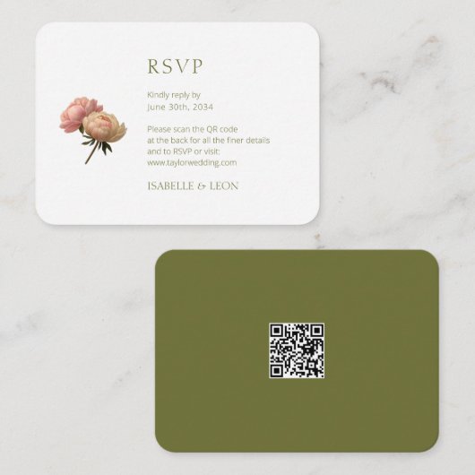 Olive Green & White Rose QR Code Wedding Informatiekaartje (Voorkant / Achterkant)