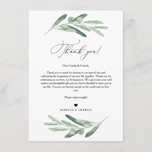 Olive Greenery Bedankt voor je brief, Napkin Note Menu (Voorkant)