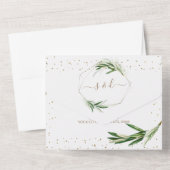 Olive Greenery Gold Confetti Monogram Weddenschap All In One Uitnodiging (Achterkant)