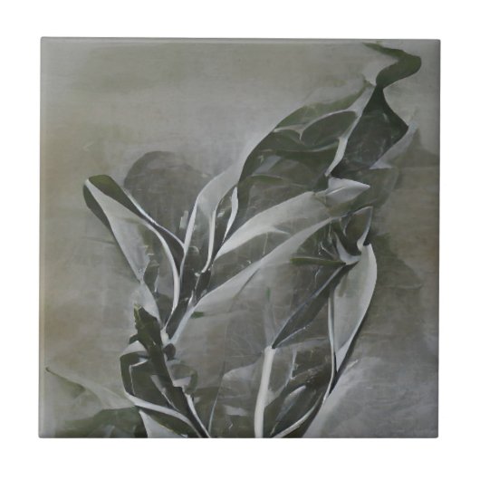 Olive leaf grijs etsen abstracte grafische kunst tegeltje (Voorkant)