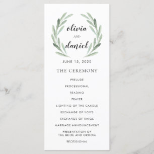 Olive Leaf Wreath Cursive Script Wedding Program Programma