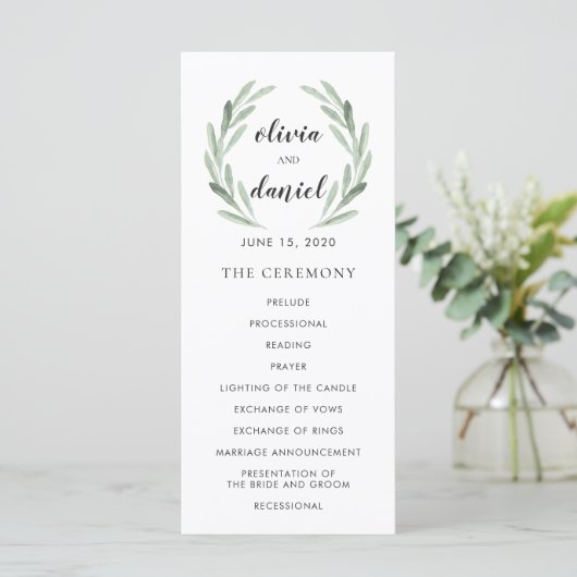 Olive Leaf Wreath Cursive Script Wedding Program Programma (Staand voorkant)