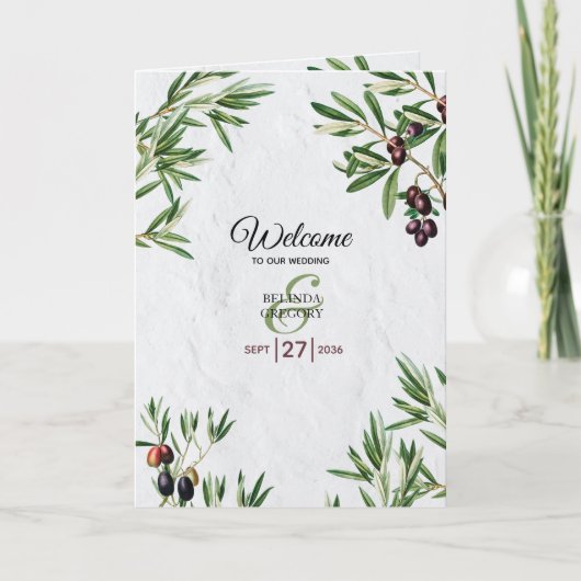 Olive Leaves Greek Island Wedding Order of Service Programma (Voorkant)