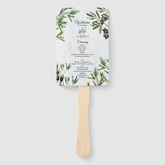 Olive Leaves Greek Island Wedding Programme Handwaaier (Voorkant)