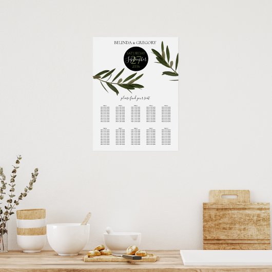 Olive Leaves Greenery Wedding Seating Chart Poster (Keuken)