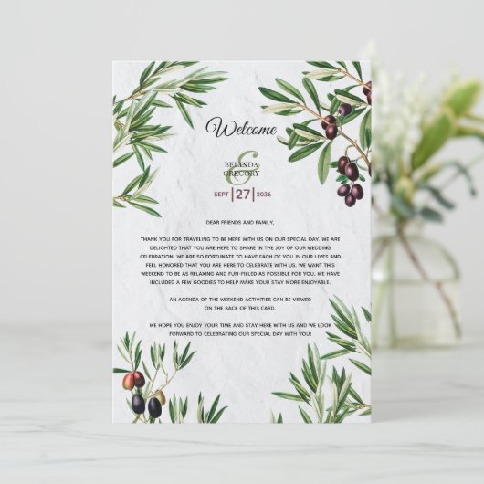 Olive Leaves Weddenschap Welkomstprogramma Programma (Staand voorkant)