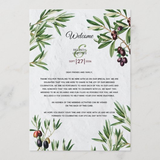 Olive Leaves Weddenschap Welkomstprogramma Programma (Voorkant)