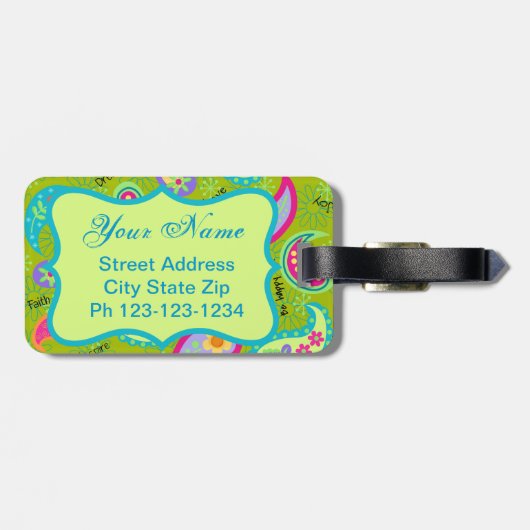 Olive Lime Green Modern Paisley Pattern Monogram Bagagelabel (Achterkant horizontaal)