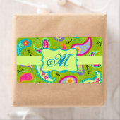 Olive Lime Green Modern Paisley Pattern Monogram Etiket (Insitu)