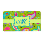 Olive Lime Green Modern Paisley Pattern Monogram Etiket (Voorkant)