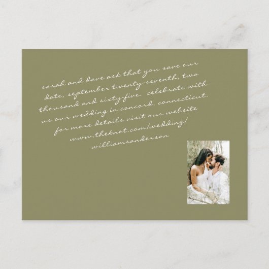 Olive Modern Script Couple Photo Save Our Date Pos Briefkaart (Voorkant)