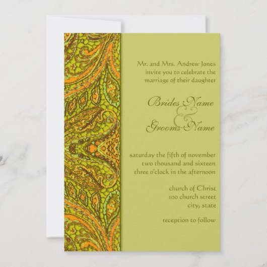 Olive Paisley Damask Wedding Invitations Kaart (Voorkant)