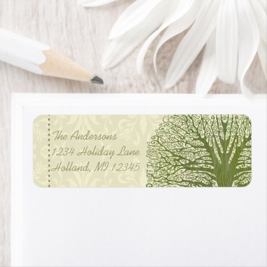 Olive Swirl Whimsical Tree Return Address Labels (Insitu)