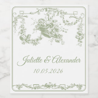 Olive Toile de Jouy Wedding Bottle Label Wijn Etiket