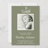 Olive Vert Blanc Cadre Monogramme Baby Faire-part (Devant)