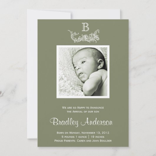 Olive Vert Blanc Cadre Monogramme Baby Faire-part (Devant)