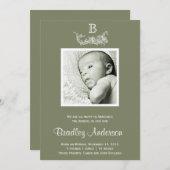 Olive Vert Blanc Cadre Monogramme Baby Faire-part (Devant / Derrière)