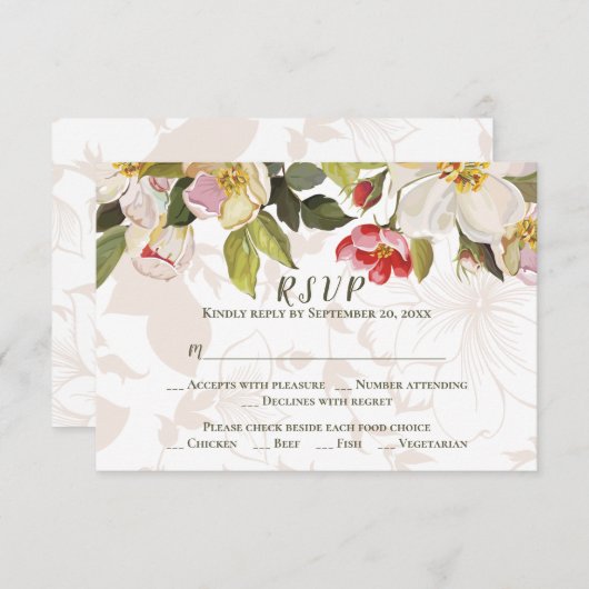 Olive Vert rose Magnolia Fleurs Mariage RSVP (Devant / Derrière)