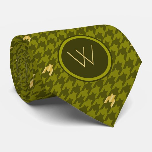Olive with Gold Accent Houndstooth Cravate (Roulé)