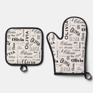 Olivia Custom Name Black White Ovenwant & Pannenlap Set