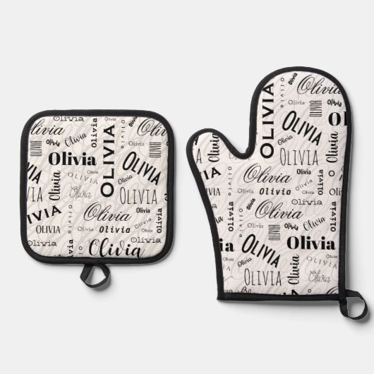 Olivia Custom Name Black White  Ovenwant & Pannenlap Set (Voorkant)