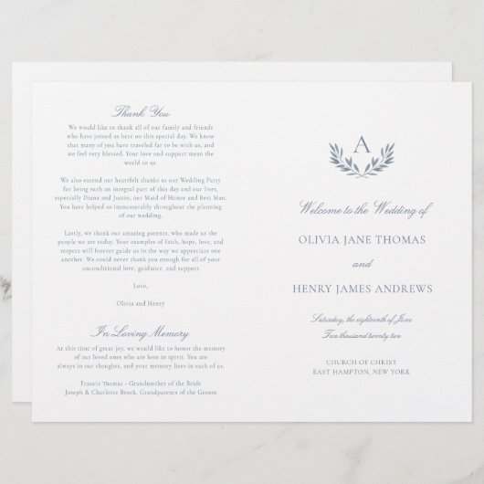 Olivia Elegant Dusty Blue Folded Wedding Programme (Voorkant / Achterkant)