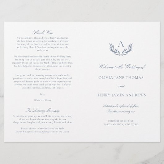 Olivia Élégant Programme de Mariage Plié Bleu Pous (Devant)