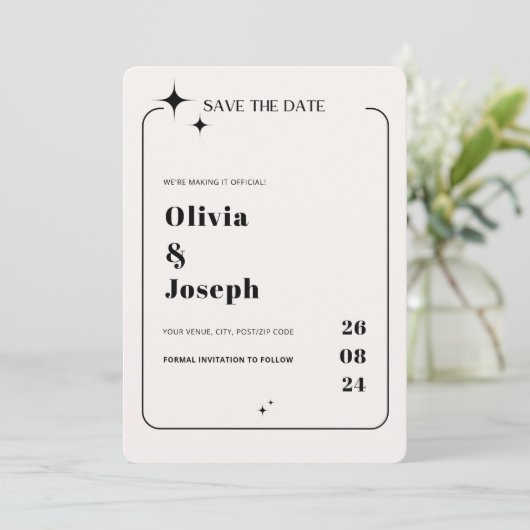 OLIVIA Moderne Ivory Celestial Save the Date Kaart (Staand voorkant)