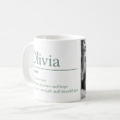 Olivia naam definitie aangepaste foto groen koffiemok (Voorkant links)