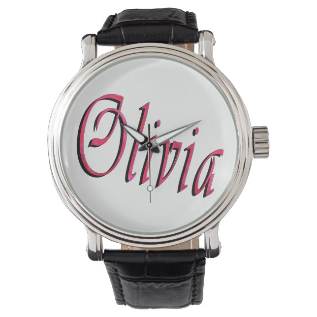 Olivia, naam, Logo, grote zwarte leder Watch. Horloge (Voorkant)