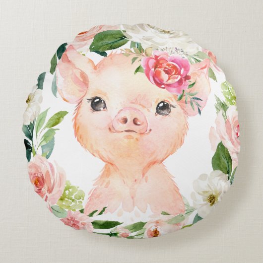 Olivia Pigsley Pig  met roze bloemenkrans Rond Kussen (Voorkant)