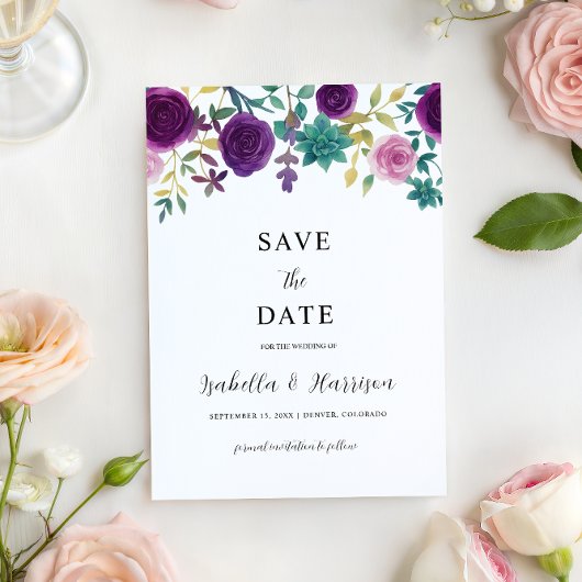 OLIVIA | Purple Floral Save the Date Template Kaart