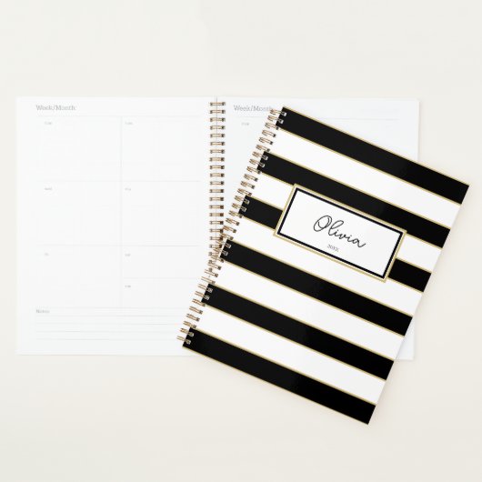 Olivia Stripes Planner en noir et blanc (Devant avec enveloppe)