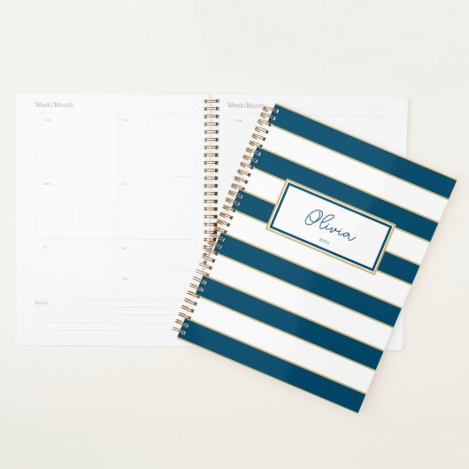 Olivia Stripes Planner en Océan et Blanc (Devant avec enveloppe)