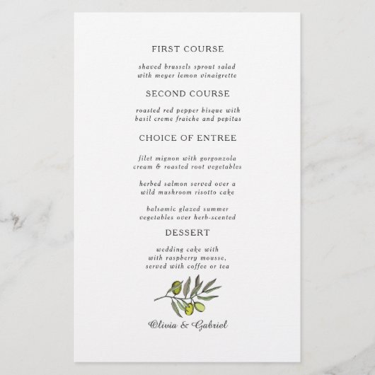 Olivier vert. Menu simple et moderne mariage (Devant)