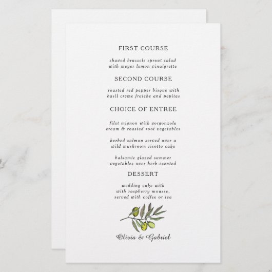 Olivier vert. Menu simple et moderne mariage (Devant / Derrière)