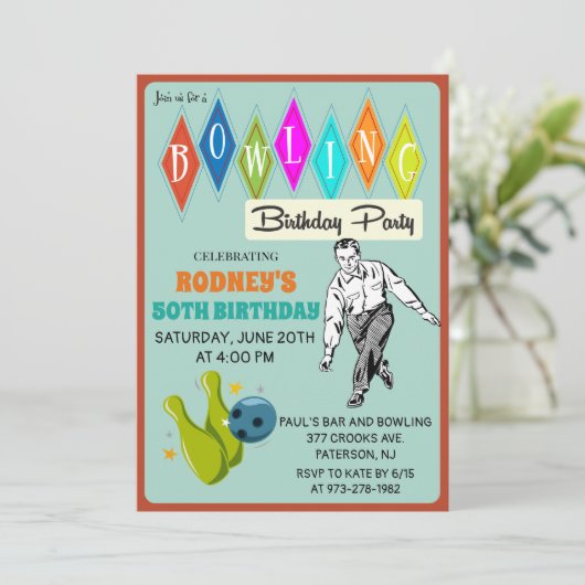 OM HET EVEN WELKE LEEFTIJD - Retro Bowling Birthda Kaart (Staand voorkant)