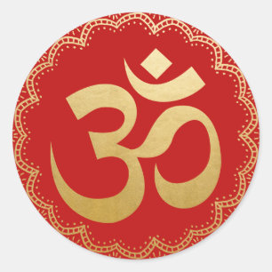 Om HIndu Meditation Symbol Yoga Faux Gold Foil Red Ronde Sticker