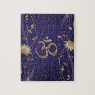 Om Symbol Golden Lotus Flowers op paars Legpuzzel