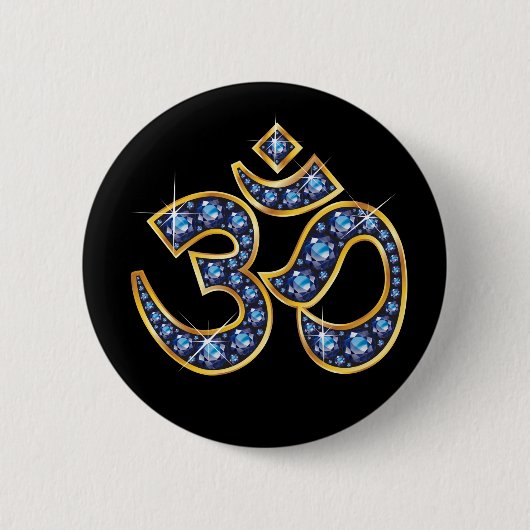 Om Symbool met "Sapphire" Stones Ronde Button 5,7 Cm (Voorkant)