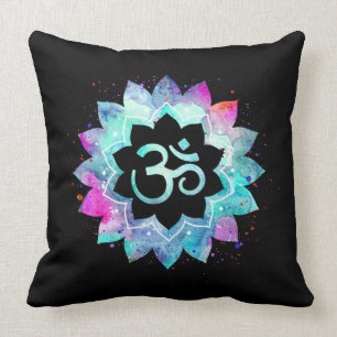 *~* Om Waterverf Aum Turquoise Blue Magenta zwart Kussen