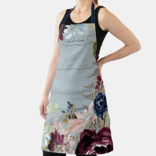 Oma Burgundy Floral Pink Peony Dusty Blue Wood Schort