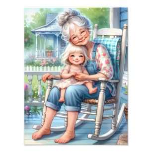 Oma en kleindochter omhelzen elkaar op de veranda foto afdruk
