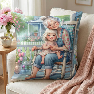 Oma en kleindochter omhelzen elkaar op de veranda kussen