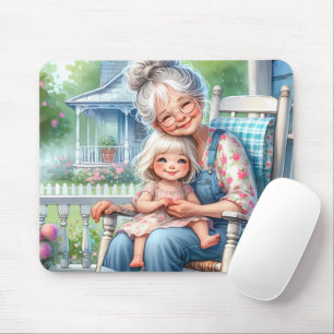 Oma en kleindochter omhelzen elkaar op de veranda muismat