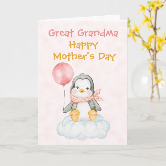 Oma Moederdag pinguïn roze Kaart (Gele Bloem)