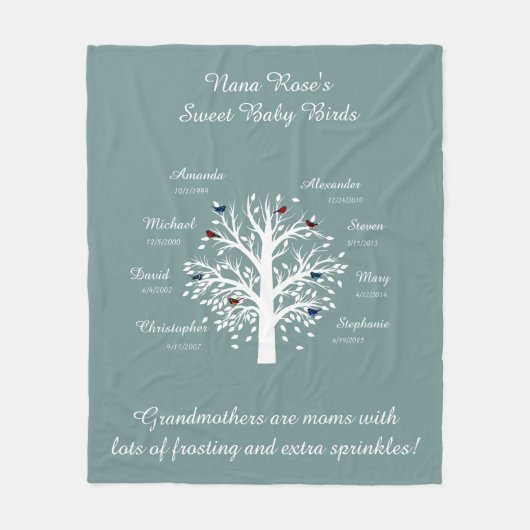 Oma Tree, 8 Names & Dates, wit op blauw Fleece Deken (Voorkant)