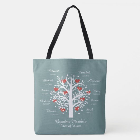 Oma Tree (harten) 10 namen/verjaardagen Canvas tas (Voorkant)