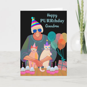 Oma verjaardag katten met feesthoeden cupcakes kaart
