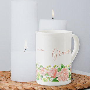 Oma waterverf bloemenkoraal roze porselein kop